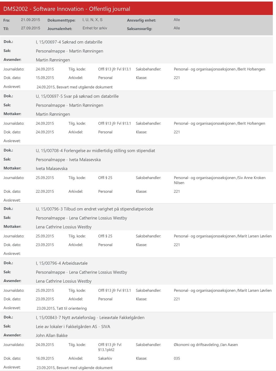 2015, Besvart med utgående dokument, 15/00697-5 Svar på søknad om databrille Personalmappe - Martin Rønningen Martin Rønningen Personal- og organisasjonsseksjonen /Berit Hofsengen Dok. dato: 24.09.