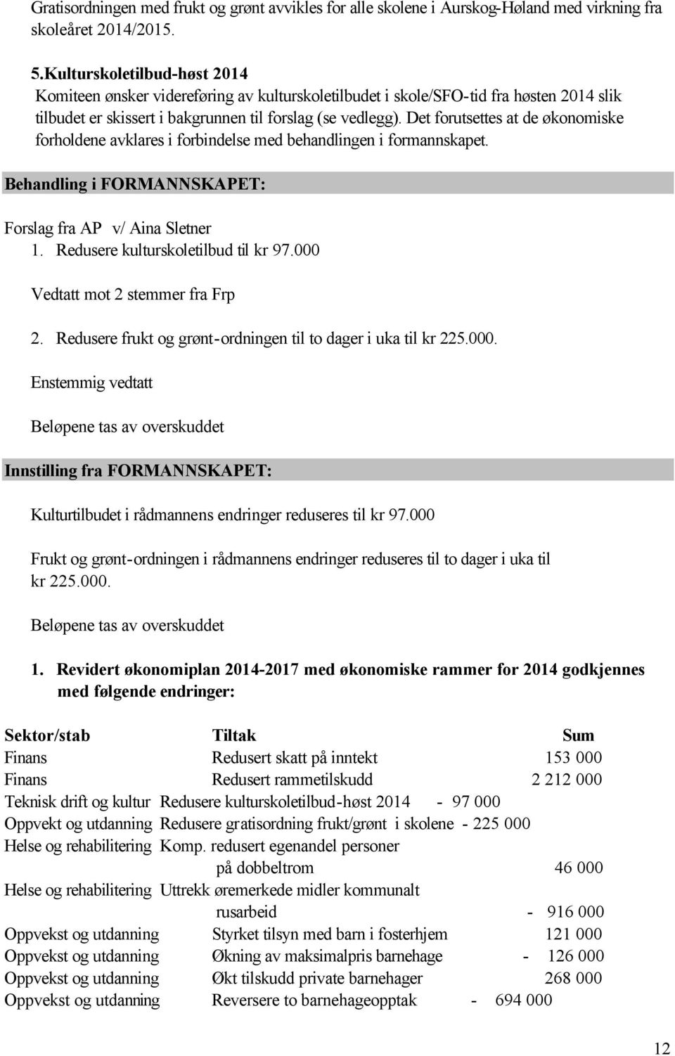 Det forutsettes at de økonomiske forholdene avklares i forbindelse med behandlingen i formannskapet. Behandling i FORMANNSKAPET: Forslag fra AP v/ Aina Sletner 1. Redusere kulturskoletilbud til kr 97.