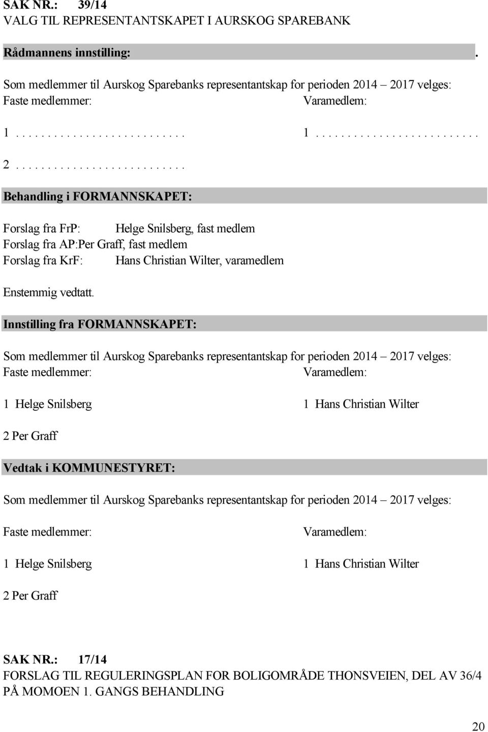 14 2017 velges: Faste medlemmer: Varamedlem: 1........................... 1.......................... 2........................... Behandling i FORMANNSKAPET: Forslag fra FrP: Helge Snilsberg, fast medlem Forslag fra AP: Per Graff, fast medlem Forslag fra KrF: Hans Christian Wilter, varamedlem Enstemmig vedtatt.