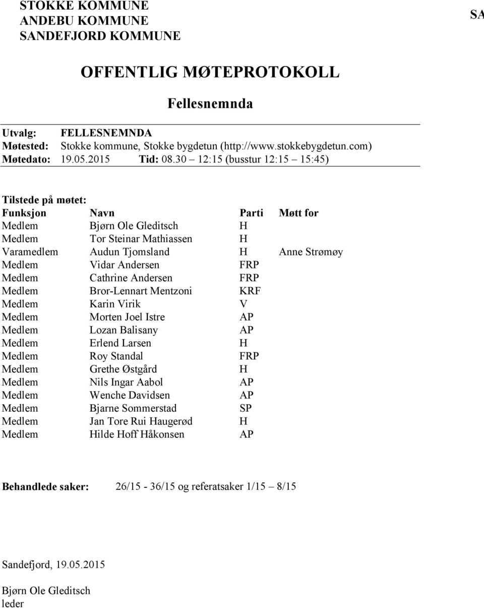 30 12:15 (busstur 12:15 15:45) Tilstede på møtet: Funksjon Navn Parti Møtt for Medlem Bjørn Ole Gleditsch H Medlem Tor Steinar Mathiassen H Varamedlem Audun Tjomsland H Anne Strømøy Medlem Vidar