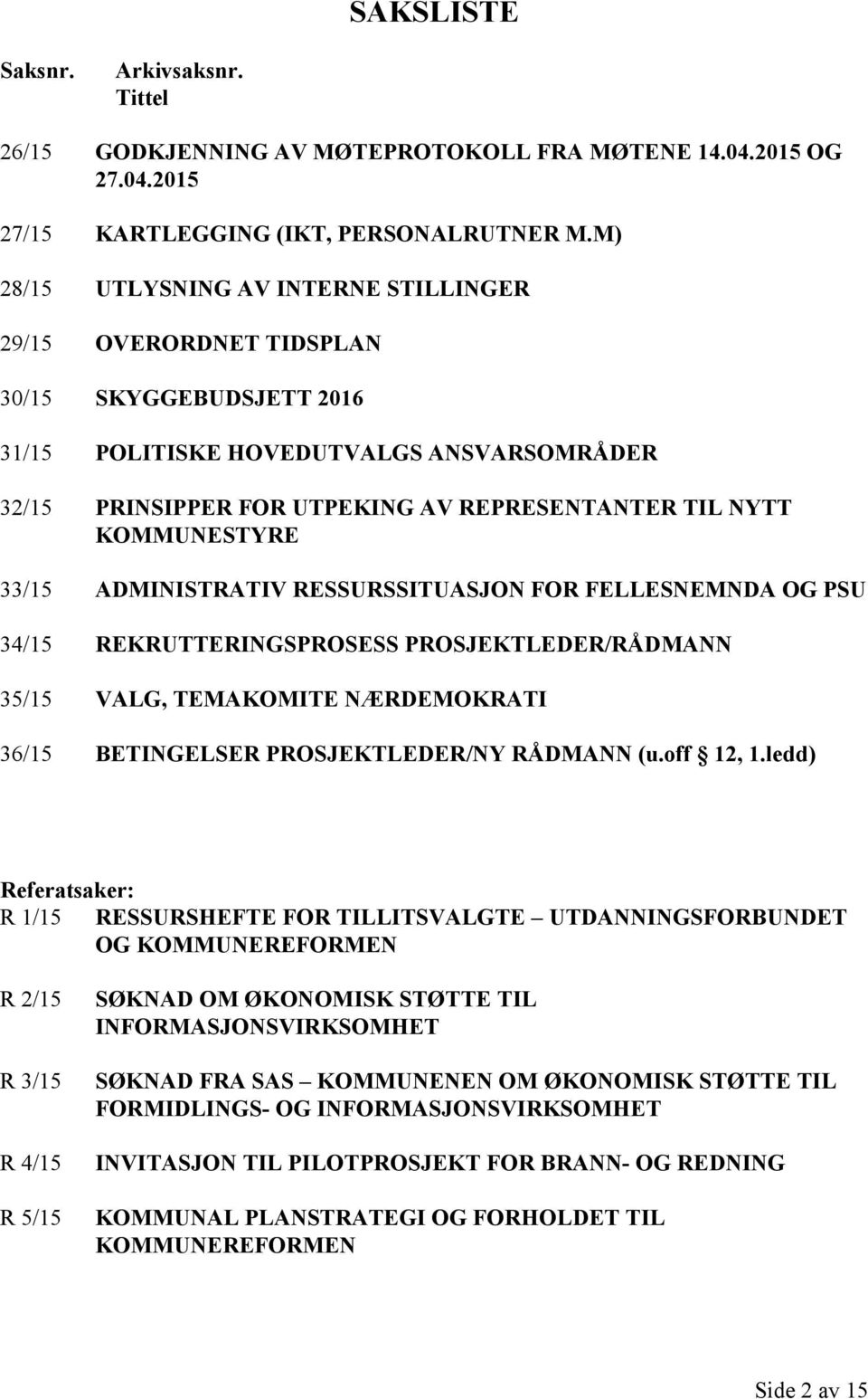 KOMMUNESTYRE 33/15 ADMINISTRATIV RESSURSSITUASJON FOR FELLESNEMNDA OG PSU 34/15 REKRUTTERINGSPROSESS PROSJEKTLEDER/RÅDMANN 35/15 VALG, TEMAKOMITE NÆRDEMOKRATI 36/15 BETINGELSER PROSJEKTLEDER/NY