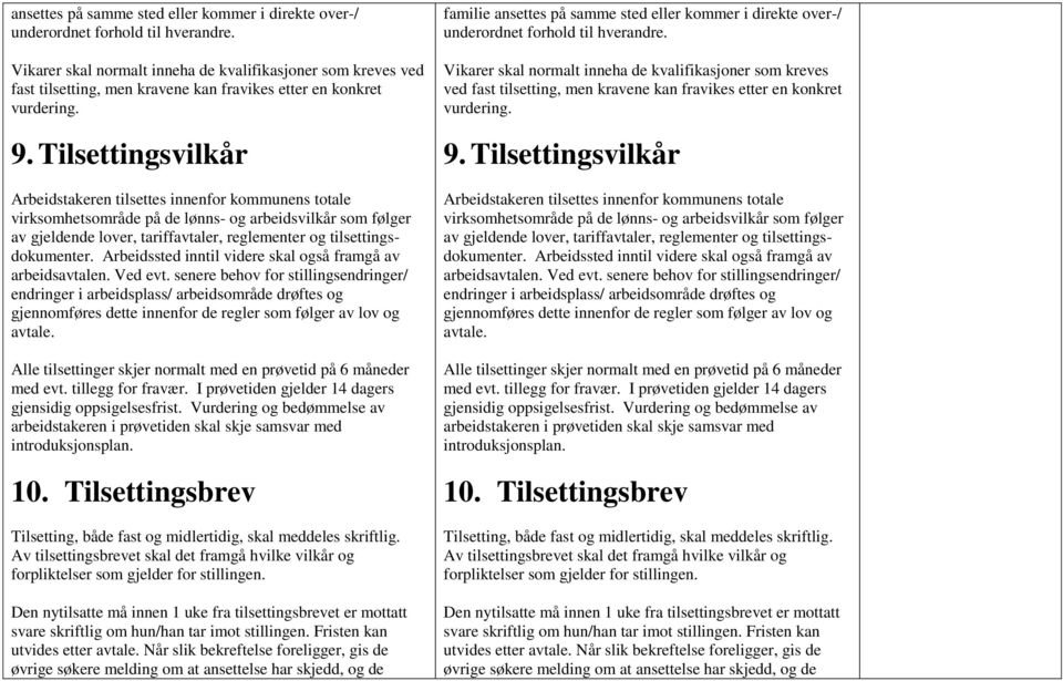 Tilsettingsvilkår Arbeidstakeren tilsettes innenfor kommunens totale virksomhetsområde på de lønns- og arbeidsvilkår som følger av gjeldende lover, tariffavtaler, reglementer og tilsettingsdokumenter.