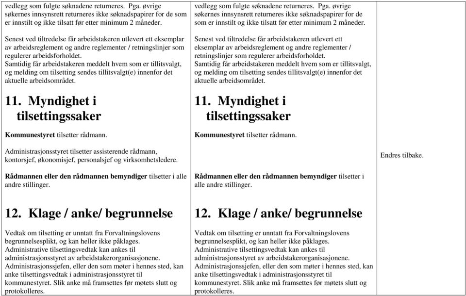 Samtidig får arbeidstakeren meddelt hvem som er tillitsvalgt, og melding om tilsetting sendes tillitsvalgt(e) innenfor det aktuelle arbeidsområdet. 11.