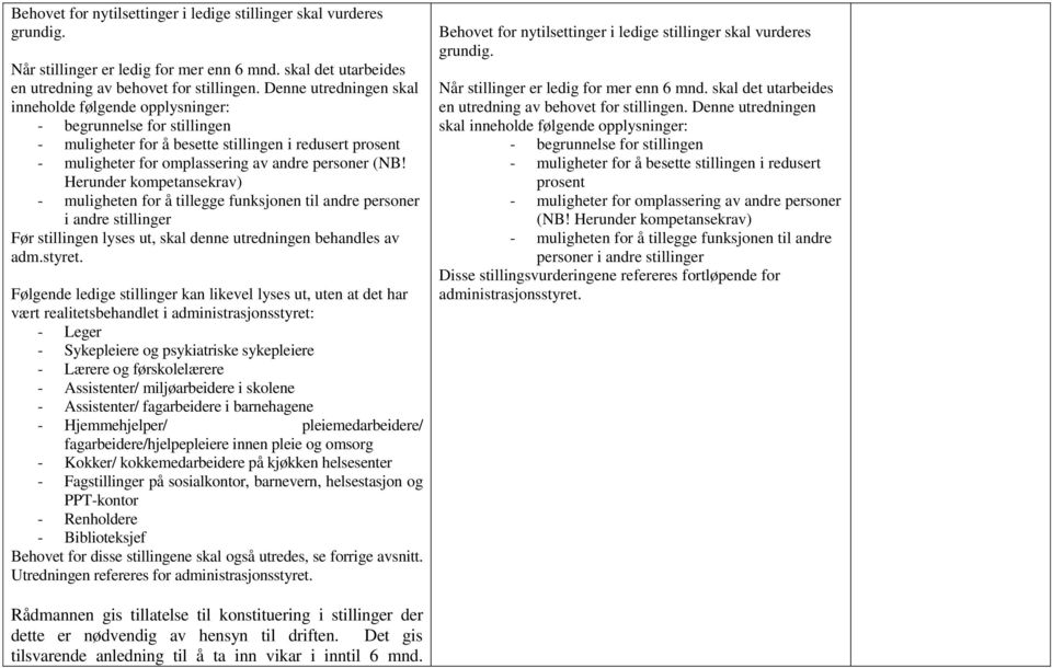 Herunder kompetansekrav) - muligheten for å tillegge funksjonen til andre personer i andre stillinger Før stillingen lyses ut, skal denne utredningen behandles av adm.styret.