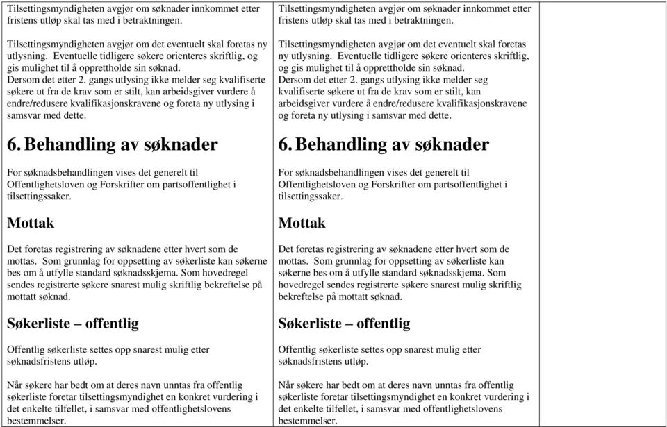 gangs utlysing ikke melder seg kvalifiserte søkere ut fra de krav som er stilt, kan arbeidsgiver vurdere å endre/redusere kvalifikasjonskravene og foreta ny utlysing i samsvar med dette. 6.