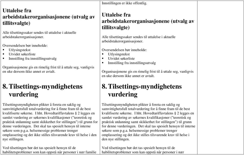 8. Tilsettings-myndighetens vurdering Tilsettingsmyndigheten plikter å foreta en saklig og samvittighetsfull totalvurdering for å finne fram til de best kvalifiserte søkerne. I hht.