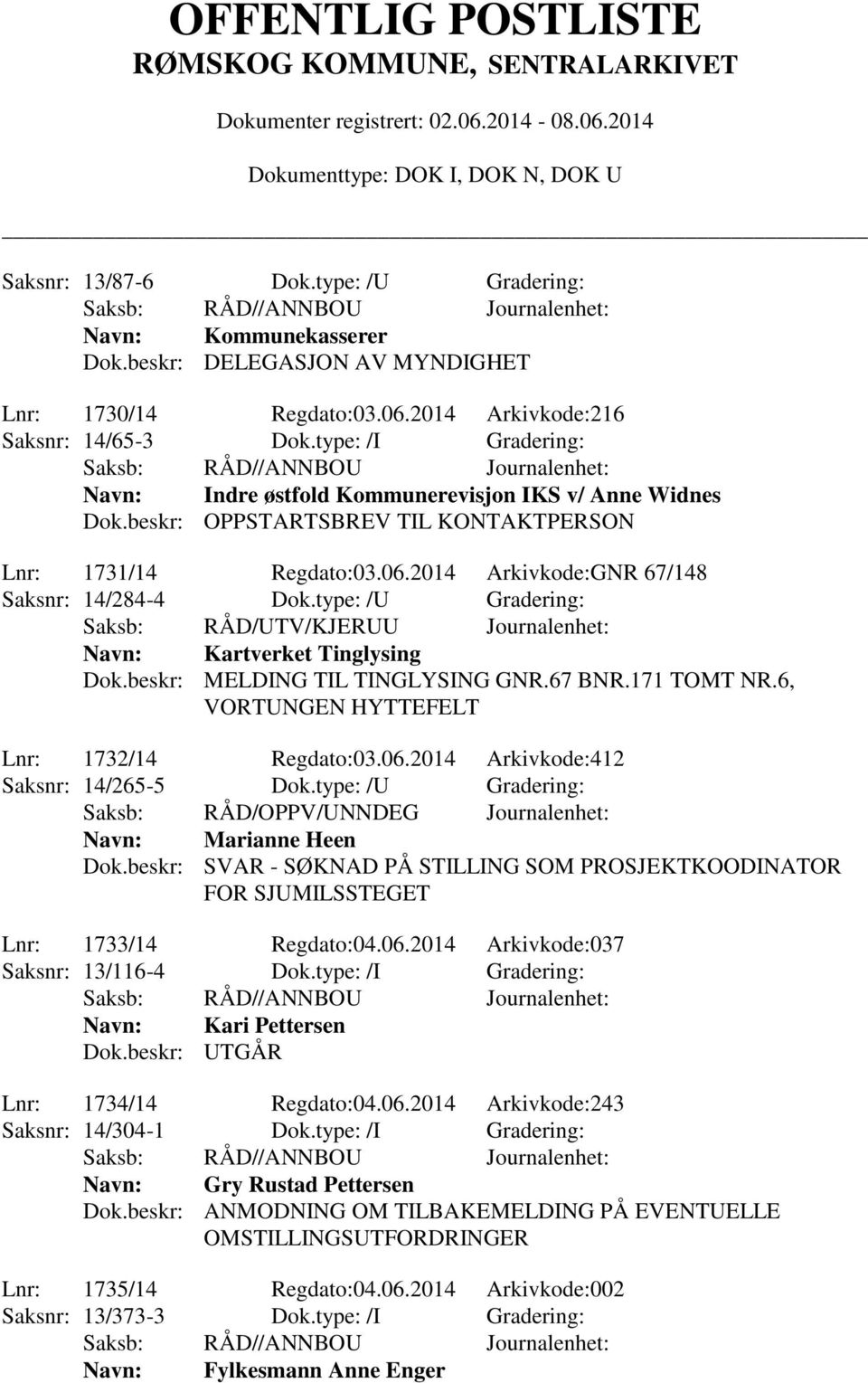 type: /U Gradering: Saksb: RÅD/UTV/KJERUU Journalenhet: Kartverket Tinglysing Dok.beskr: MELDING TIL TINGLYSING GNR.67 BNR.171 TOMT NR.6, VORTUNGEN HYTTEFELT Lnr: 1732/14 Regdato:03.06.