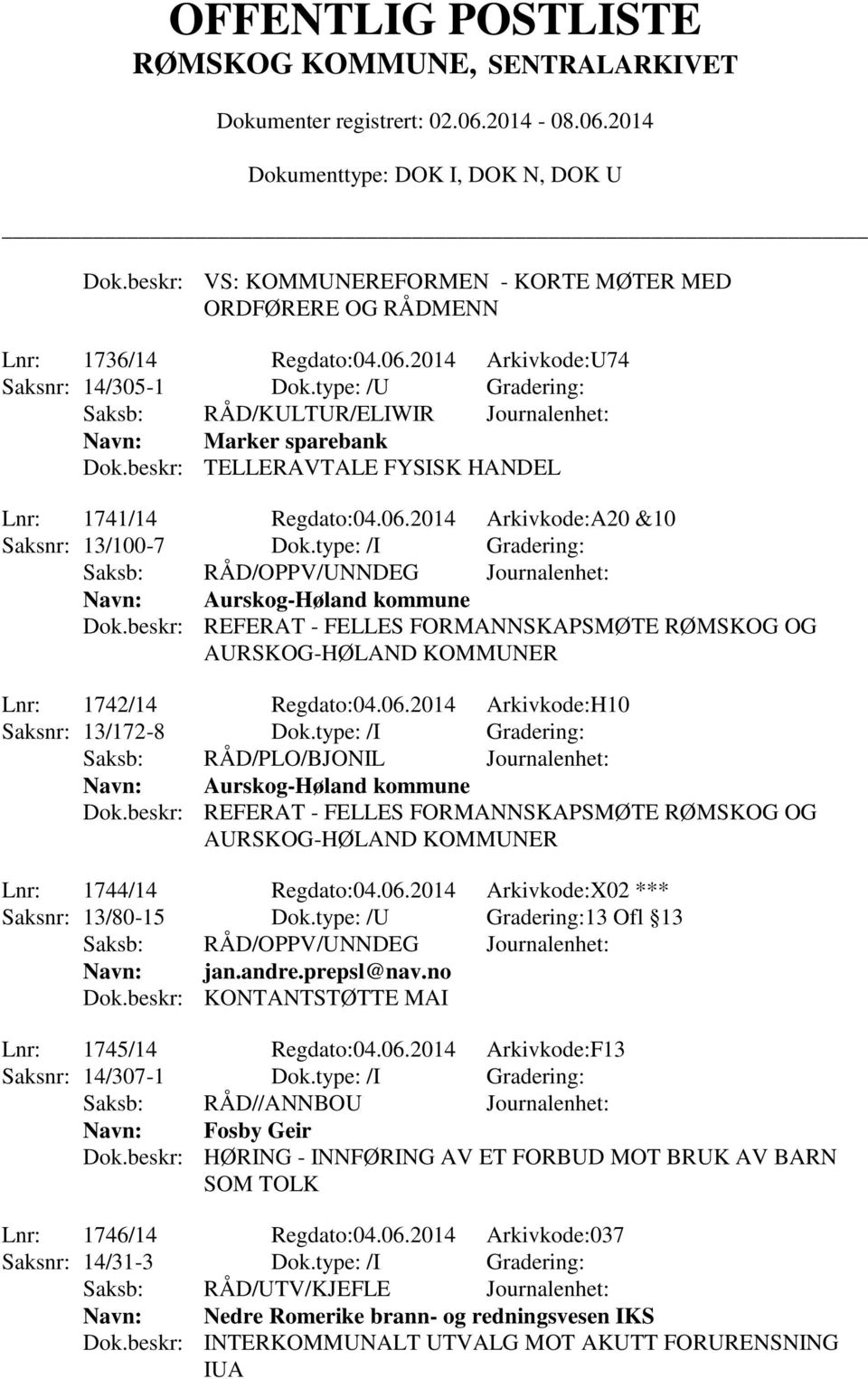 type: /I Gradering: Aurskog-Høland kommune Dok.beskr: REFERAT - FELLES FORMANNSKAPSMØTE RØMSKOG OG AURSKOG-HØLAND KOMMUNER Lnr: 1742/14 Regdato:04.06.2014 Arkivkode:H10 Saksnr: 13/172-8 Dok.