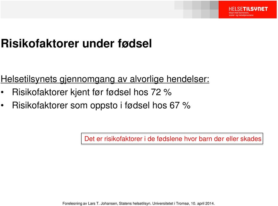 hos 72 % Risikofaktorer som oppsto i fødsel hos 67 % Det