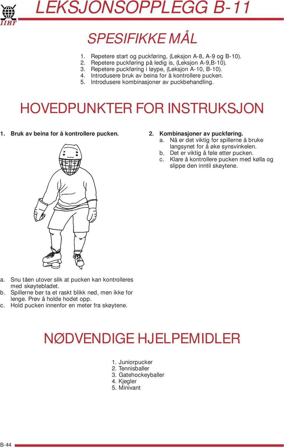 Bruk av beina for å kontrollere pucken. 2. Kombinasjoner av puckføring. a. Nå er det viktig for spillerne å bruke langsynet for å øke synsvinkelen. b. Det er viktig å føle etter pucken. c.