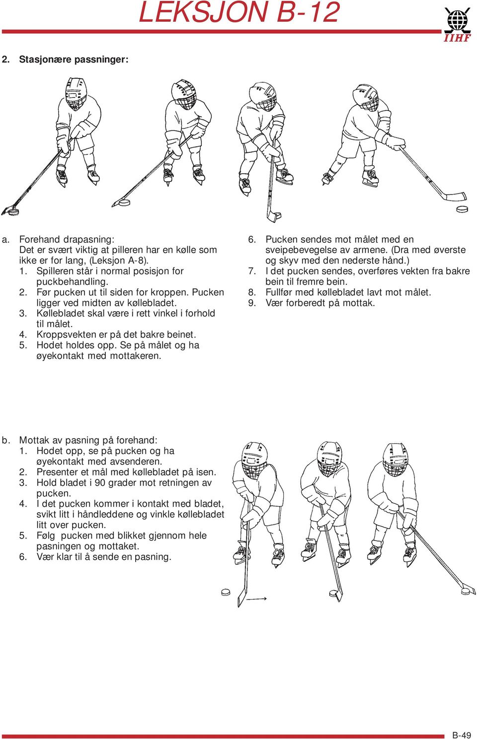 Hodet holdes opp. Se på målet og ha øyekontakt med mottakeren. 6. Pucken sendes mot målet med en sveipebevegelse av armene. (Dra med øverste og skyv med den nederste hånd.) 7.