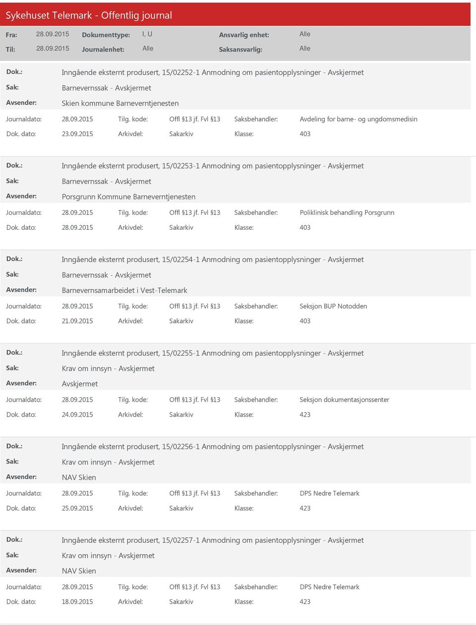 dato: Arkivdel: Sakarkiv Inngående eksternt produsert, 15/02254-1 Anmodning om pasientopplysninger - Barnevernssak - Barnevernsamarbeidet i Vest-Telemark Seksjon BUP Notodden Dok. dato: 21.09.