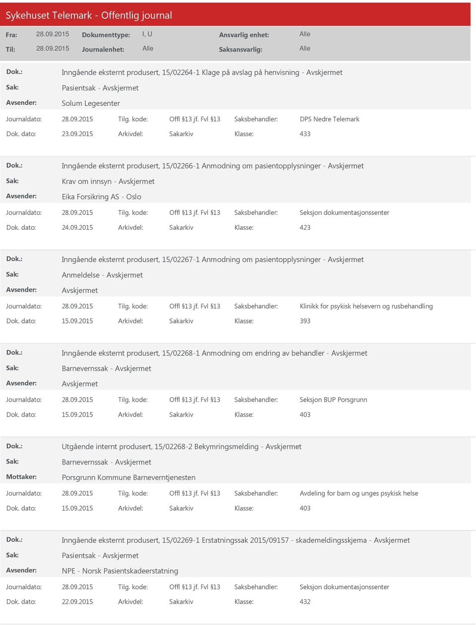 2015 Arkivdel: Sakarkiv 393 Inngående eksternt produsert, 15/02268-1 Anmodning om endring av behandler - Barnevernssak - Seksjon BUP Porsgrunn Dok. dato: 15.09.