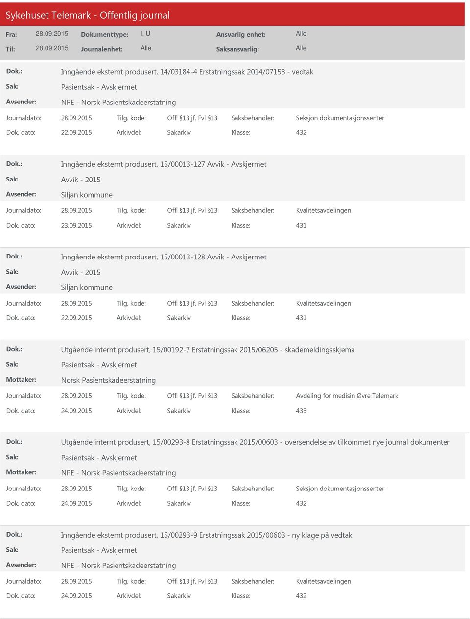 15/00192-7 Erstatningssak 2015/06205 - skademeldingsskjema Norsk Pasientskadeerstatning Avdeling for medisin Øvre Telemark 433 Utgående internt produsert,