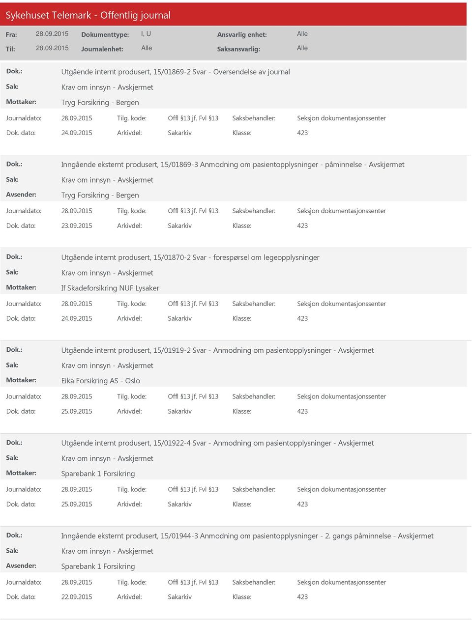 Anmodning om pasientopplysninger - Eika Forsikring AS - Oslo Dok. dato: 25.09.