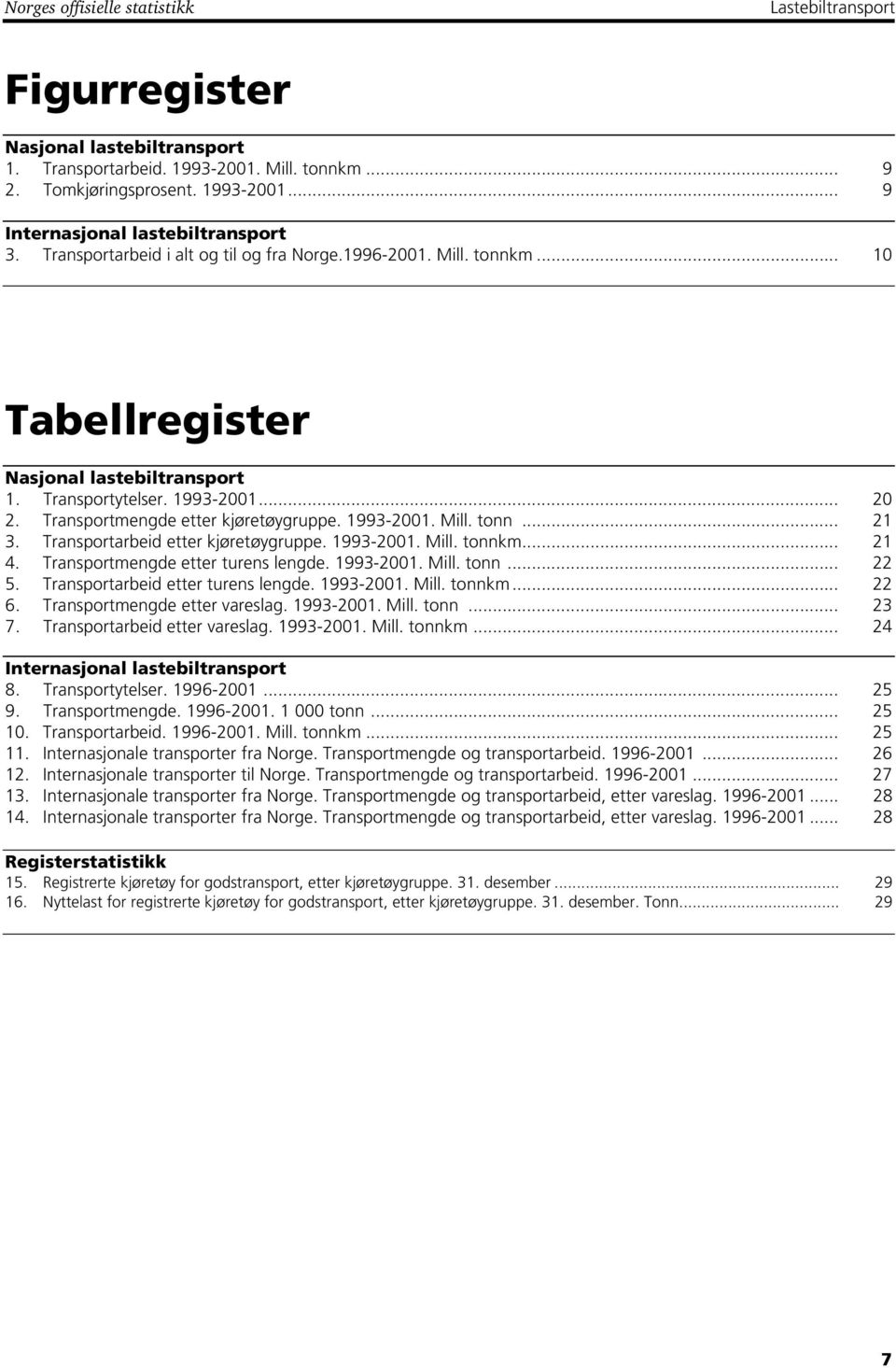 1993-2001. Mill. tonn... 21 3. Transportarbeid etter kjøretøygruppe. 1993-2001. Mill. tonnkm... 21 4. Transportmengde etter turens lengde. 1993-2001. Mill. tonn... 22 5.