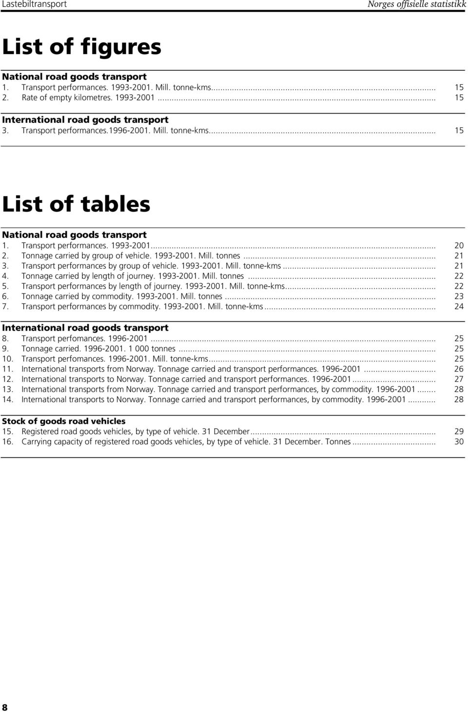 .. 21 3. Transport performances by group of vehicle. 1993-2001. Mill. tonne-kms... 21 4. Tonnage carried by length of journey. 1993-2001. Mill. tonnes... 22 5.