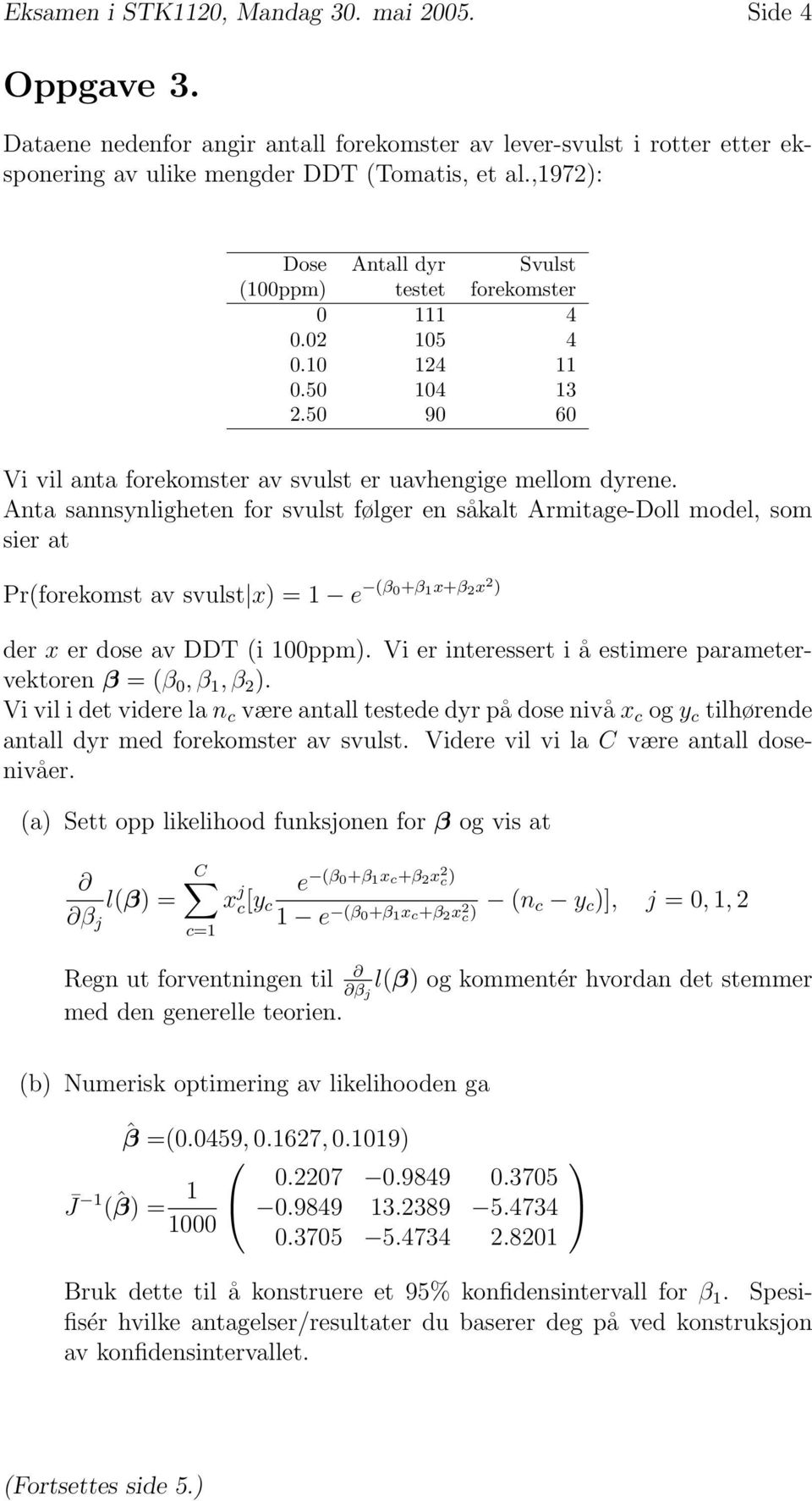 Anta sannsynligheten for svulst følger en såkalt Armitage-Doll model, som sier at Pr(forekomst av svulst x) = 1 e (β 0+β 1 x+β 2 x 2 ) (a) Sett opp likelihood funksjonen for β og vis at β j l(β) = C