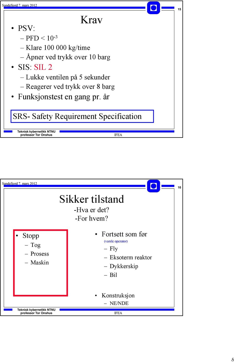 år 15 SRS- Safety Requirement Specification Stopp Tog Prosess Maskin Sikker tilstand -Hva er