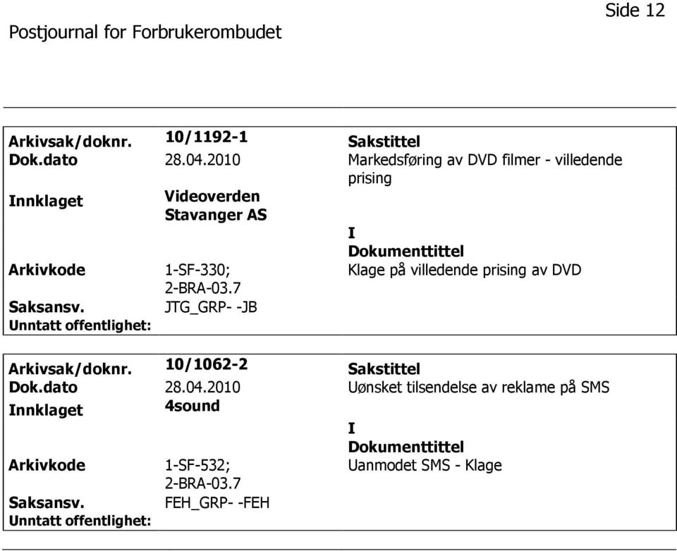 1-SF-330; 2-BRA-03.7 Klage på villedende prising av DVD JTG_GRP- -JB Arkivsak/doknr.