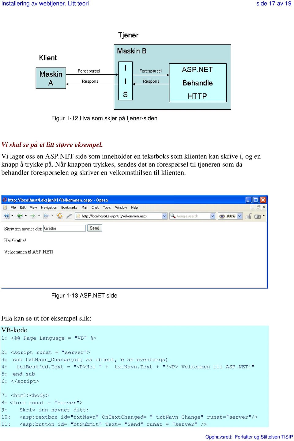 Når knappen trykkes, sendes det en forespørsel til tjeneren som da behandler forespørselen og skriver en velkomsthilsen til klienten. Figur 1-13 ASP.