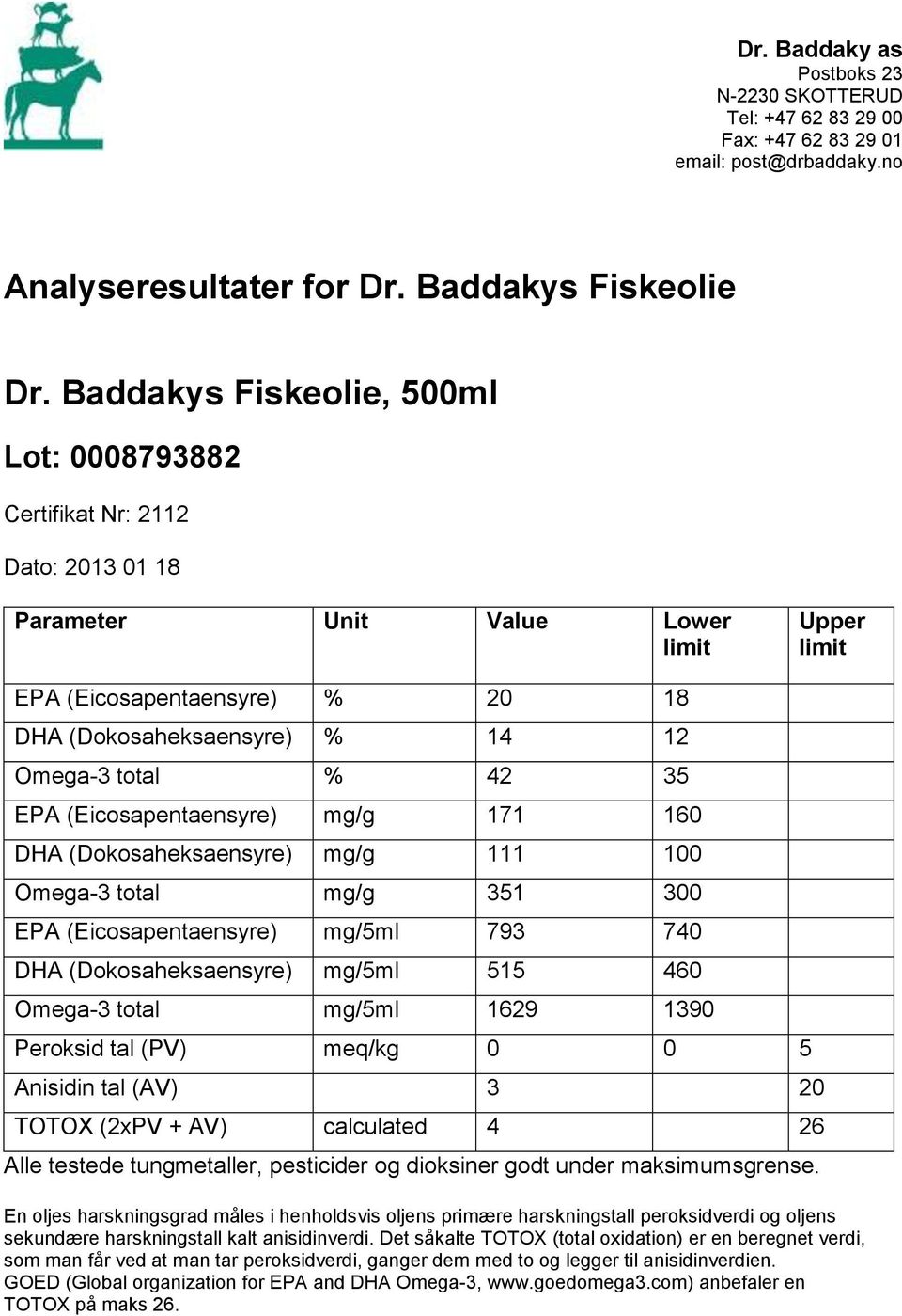 Baddakys Fiskeolie, 500ml Lot: 0008793882 Certifikat Nr: 2112 Dato: 2013 01 18 EPA (Eicosapentaensyre) % 20 18 DHA (Dokosaheksaensyre) % 14 12