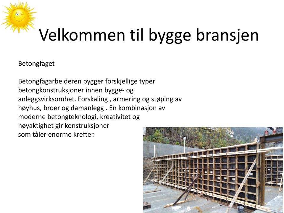 Forskaling, armering og støping av høyhus, broer og damanlegg.