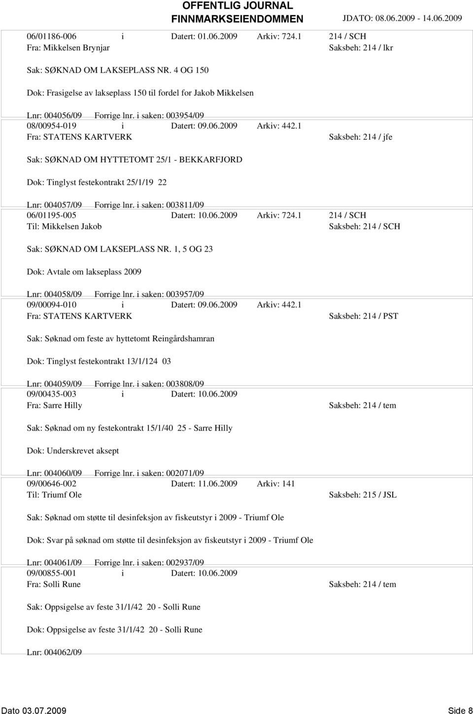 1 Fra: STATENS KARTVERK Sak: SØKNAD OM HYTTETOMT 25/1 - BEKKARFJORD Dok: Tinglyst festekontrakt 25/1/19 22 Lnr: 004057/09 Forrige lnr. i saken: 003811/09 06/01195-005 Datert: 10.06.2009 Arkiv: 724.