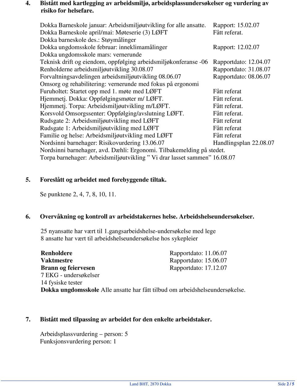 07 Dokka ungdomsskole mars: vernerunde Teknisk drift og eiendom, oppfølging arbeidsmiljøkonferanse -06 Rapportdato: 12.04.07 Renholderne arbeidsmiljøutvikling 30.08.