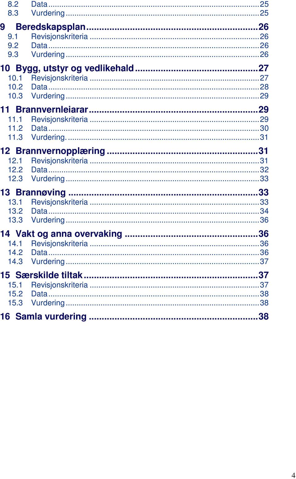 ..31 12.1 Revisjonskriteria...31 12.2 Data...32 12.3 Vurdering...33 13 Brannøving...33 13.1 Revisjonskriteria...33 13.2 Data...34 13.3 Vurdering...36 14 Vakt og anna overvaking.