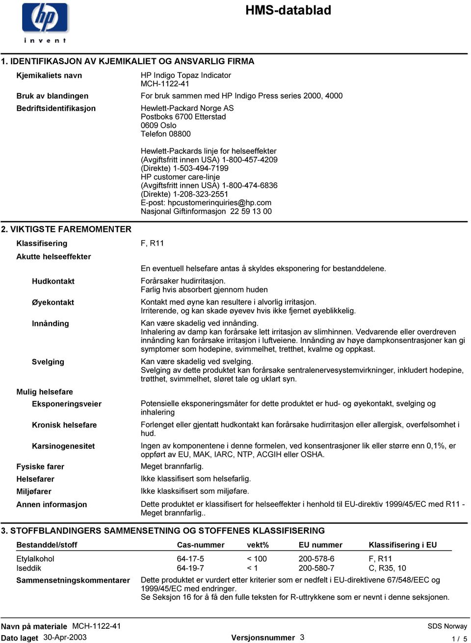 1-503-494-7199 HP customer care-linje (Avgiftsfritt innen USA) 1-800-474-6836 (Direkte) 1-208-323-2551 E-post: hpcustomerinquiries@hp.com Nasjonal Giftinformasjon 22 59 13 00 2.