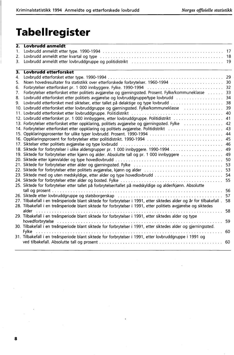 Noen hovedresultater fra statistikk over etterforskede forbrytelser. 960994 0 6. Forbrytelser etterforsket pr. 000 innbyggere. Fylke. 990994 7.