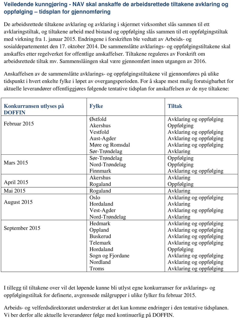 Endringene i forskriften ble vedtatt av Arbeids- og sosialdepartementet den 17. oktober 2014. De sammenslåtte avklarings- og ene skal anskaffes etter regelverket for offentlige anskaffelser.