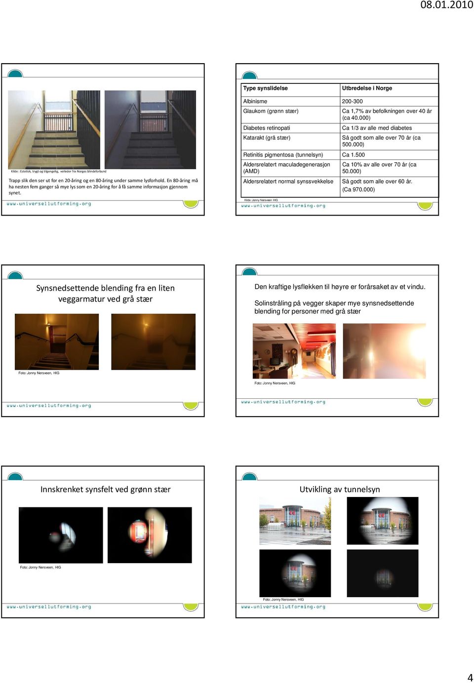 Albinisme 200-300 Glaukom (grønn stær) Diabetes retinopati Katarakt (grå stær) Retinitis pigmentosa (tunnelsyn) Ca 1.