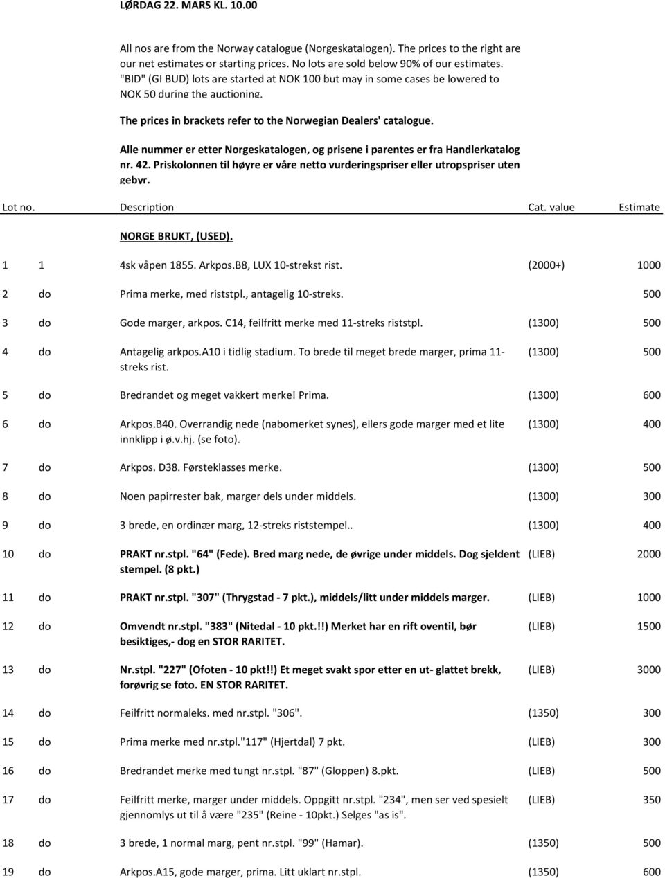 Alle nummer er etter Norgeskatalogen, og prisene i parentes er fra Handlerkatalog nr. 42. Priskolonnen til høyre er våre netto vurderingspriser eller utropspriser uten gebyr. Lot no. Description Cat.