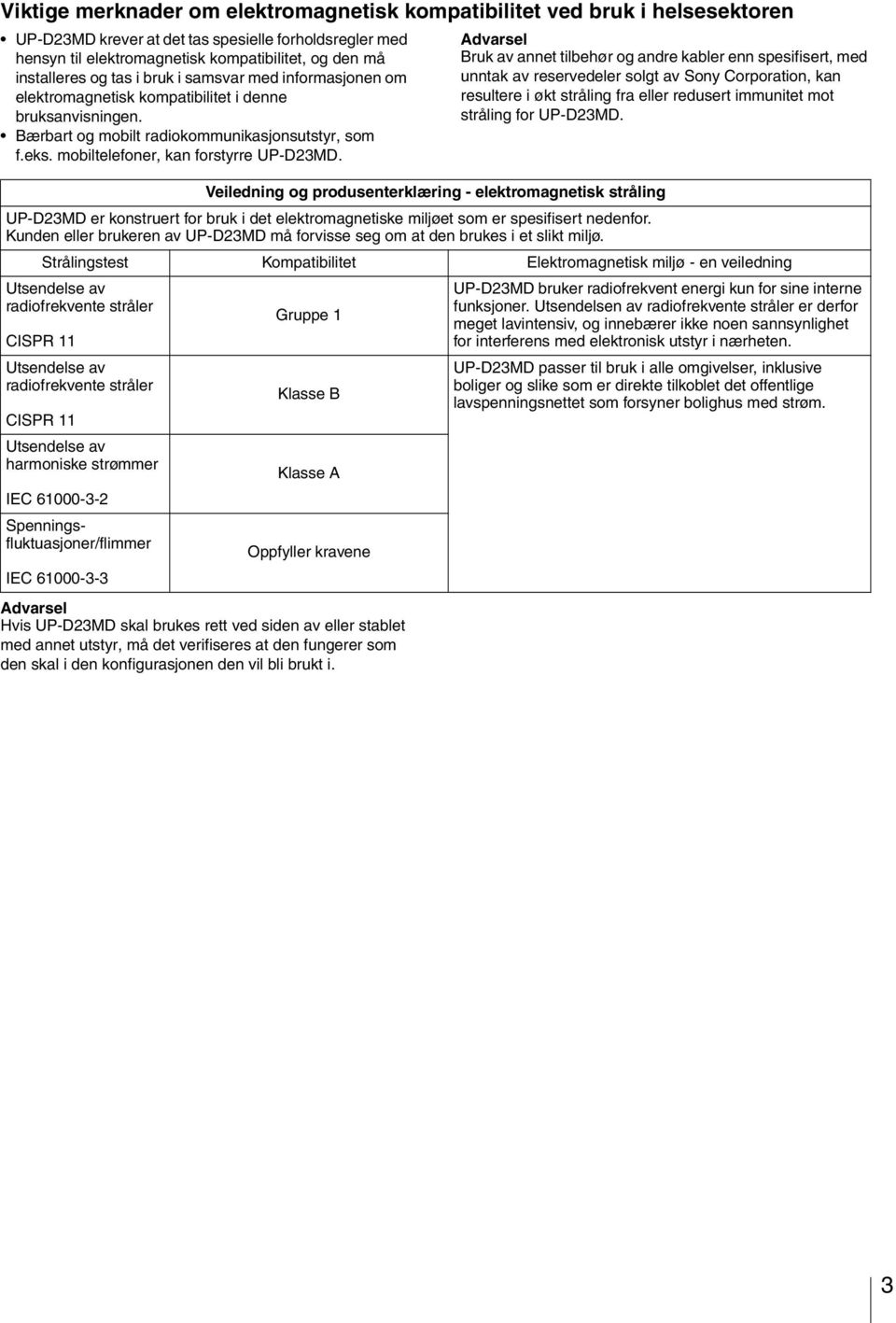 Advarsel Hvis UP-D23MD skal brukes rett ved siden av eller stablet med annet utstyr, må det verifiseres at den fungerer som den skal i den konfigurasjonen den vil bli brukt i.