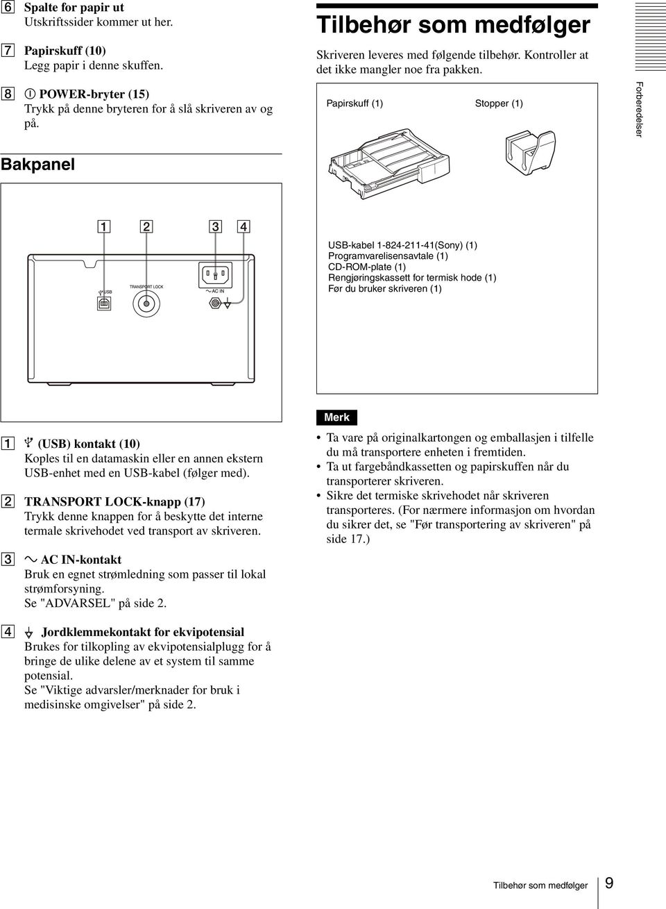 Papirskuff (1) Stopper (1) Forberedelser Bakpanel USB-kabel 1-824-211-41(Sony) (1) Programvarelisensavtale (1) CD-ROM-plate (1) Rengjøringskassett for termisk hode (1) Før du bruker skriveren (1) A