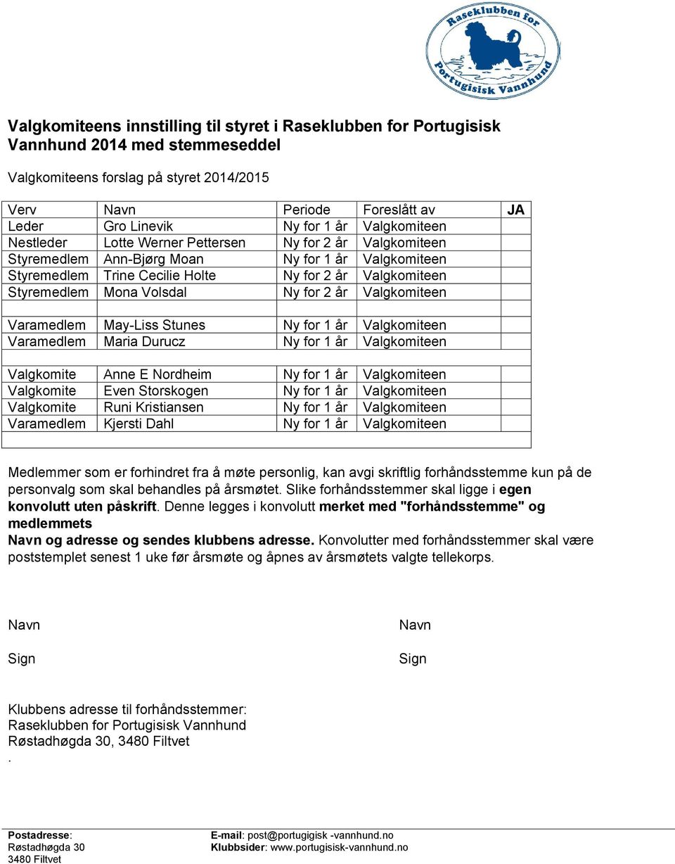 Mona Volsdal Ny for 2 år Valgkomiteen Varamedlem May-Liss Stunes Ny for 1 år Valgkomiteen Varamedlem Maria Durucz Ny for 1 år Valgkomiteen Valgkomite Anne E Nordheim Ny for 1 år Valgkomiteen