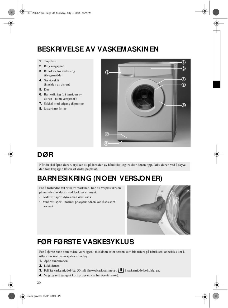 Justerbare føtter 3 1 2 4 5 6 7 8 DØR Når du skal åpne døren, trykker du på innsiden av håndtaket og trekker døren opp. Lukk døren ved å skyve den forsiktig igjen (låsen vil klikke på plass).