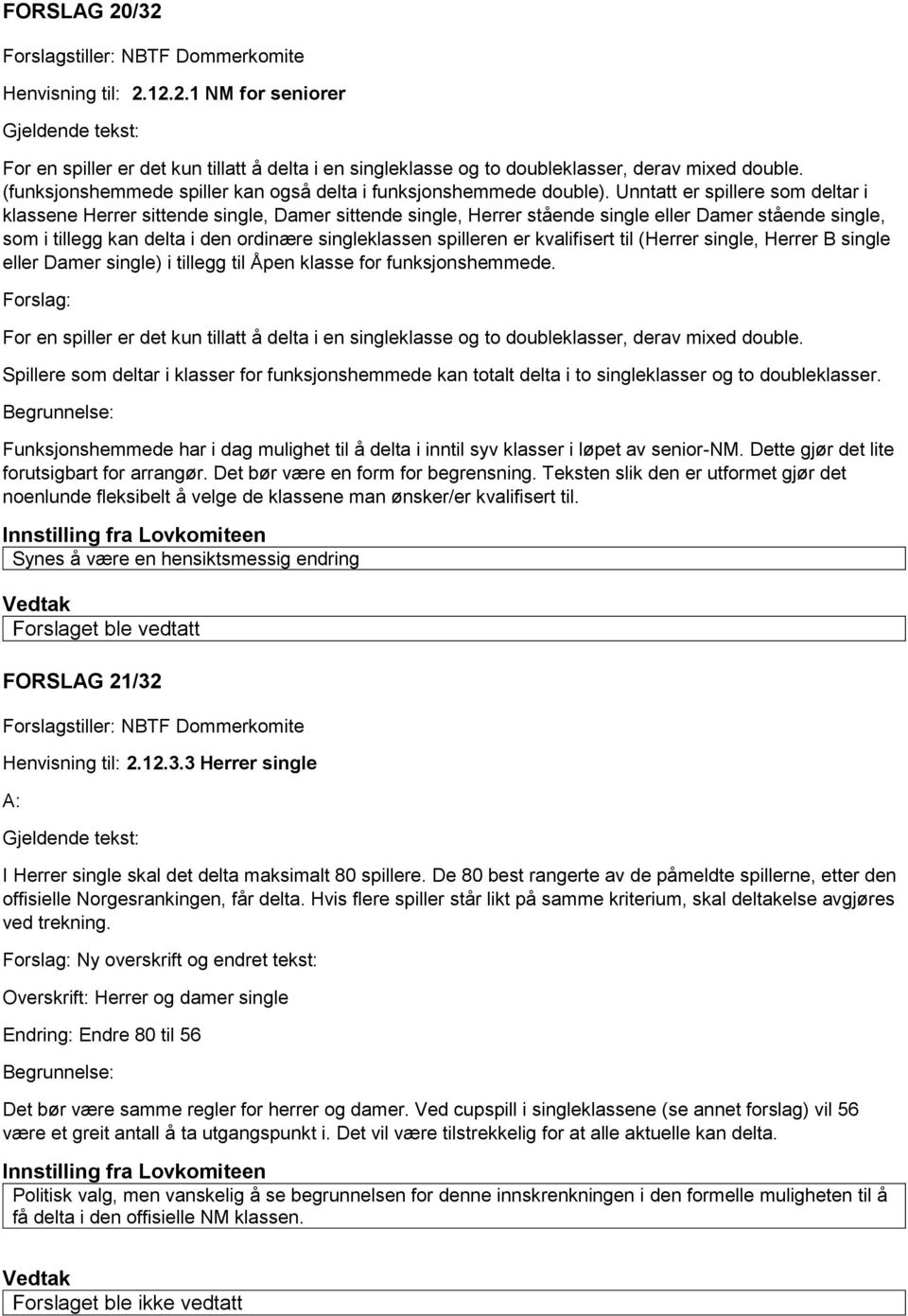 Unntatt er spillere som deltar i klassene Herrer sittende single, Damer sittende single, Herrer stående single eller Damer stående single, som i tillegg kan delta i den ordinære singleklassen