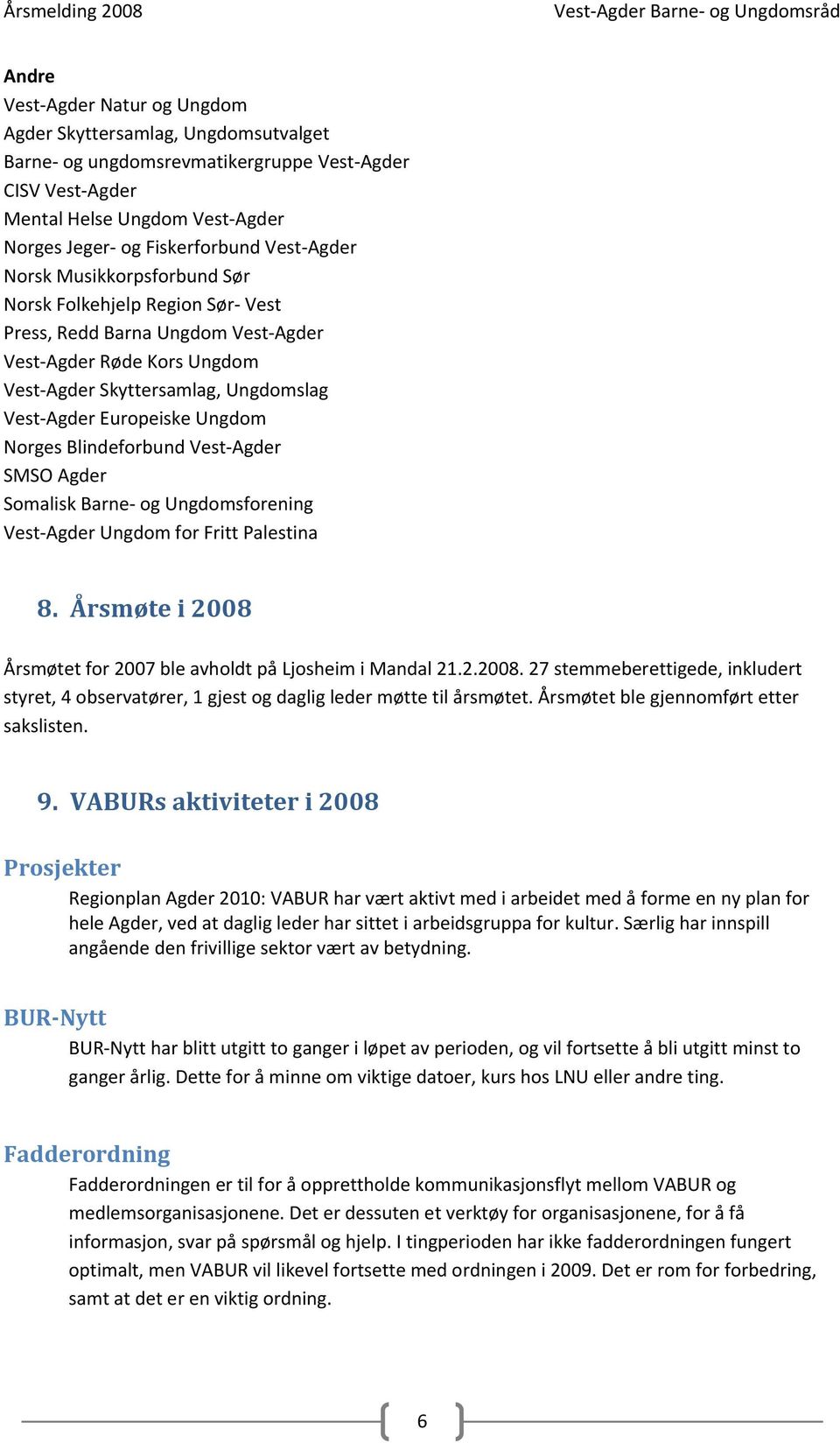 Norges Blindeforbund Vest Agder SMSO Agder Somalisk Barne og Ungdomsforening Vest Agder Ungdom for Fritt Palestina 8. Årsmøte i 2008 