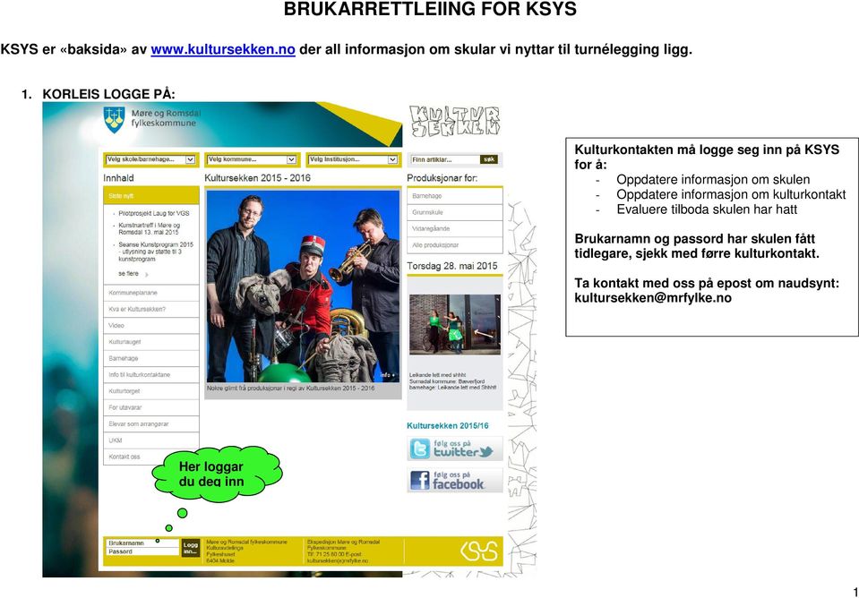 KORLEIS LOGGE PÅ: Kulturkontakten må logge seg inn på KSYS for å: - Oppdatere informasjon om skulen - Oppdatere