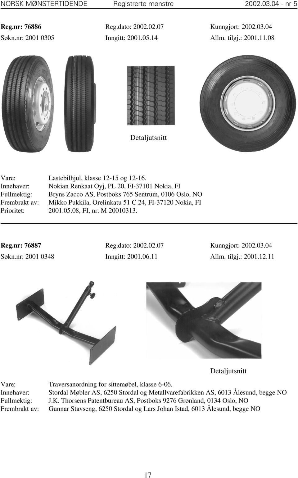 Nokian Renkaat Oyj, PL 20, FI-37101 Nokia, FI Bryns Zacco AS, Postboks 765 Sentrum, 0106 Oslo, NO Mikko Pukkila, Orelinkatu 51 C 24, FI-37120 Nokia, FI 2001.05.08, FI, nr. M 20010313. Reg.