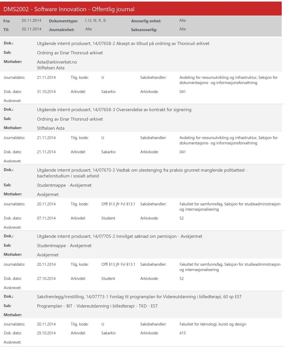 2014 Arkivdel: Sakarkiv Arkivkode: 041 tgående internt produsert, 14/07658-3 Oversendelse av kontrakt for signering Ordning av Einar Thorsrud-arkivet Stiftelsen Asta Avdeling for ressursutvikling og