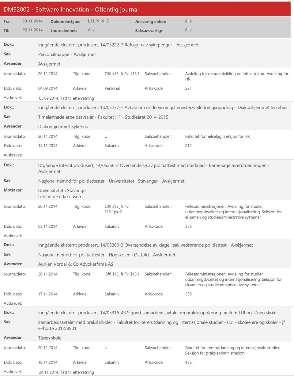 2014, Tatt til etterretning Inngående eksternt produsert, 14/05237-7 Avtale om undervisningstjenester/veiledningsoppdrag - Diakonhjemmet Sykehus Timelønnede arbeidsavtaler - Fakultet HF - Studieåret