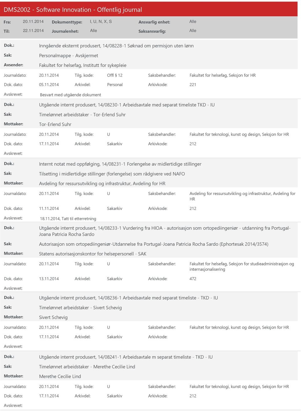 2014 Arkivdel: Personal Besvart med utgående dokument tgående internt produsert, 14/08230-1 Arbeidsavtale med separat timeliste TKD - I Timelønnet arbeidstaker - Tor-Erlend Suhr Tor-Erlend Suhr HR