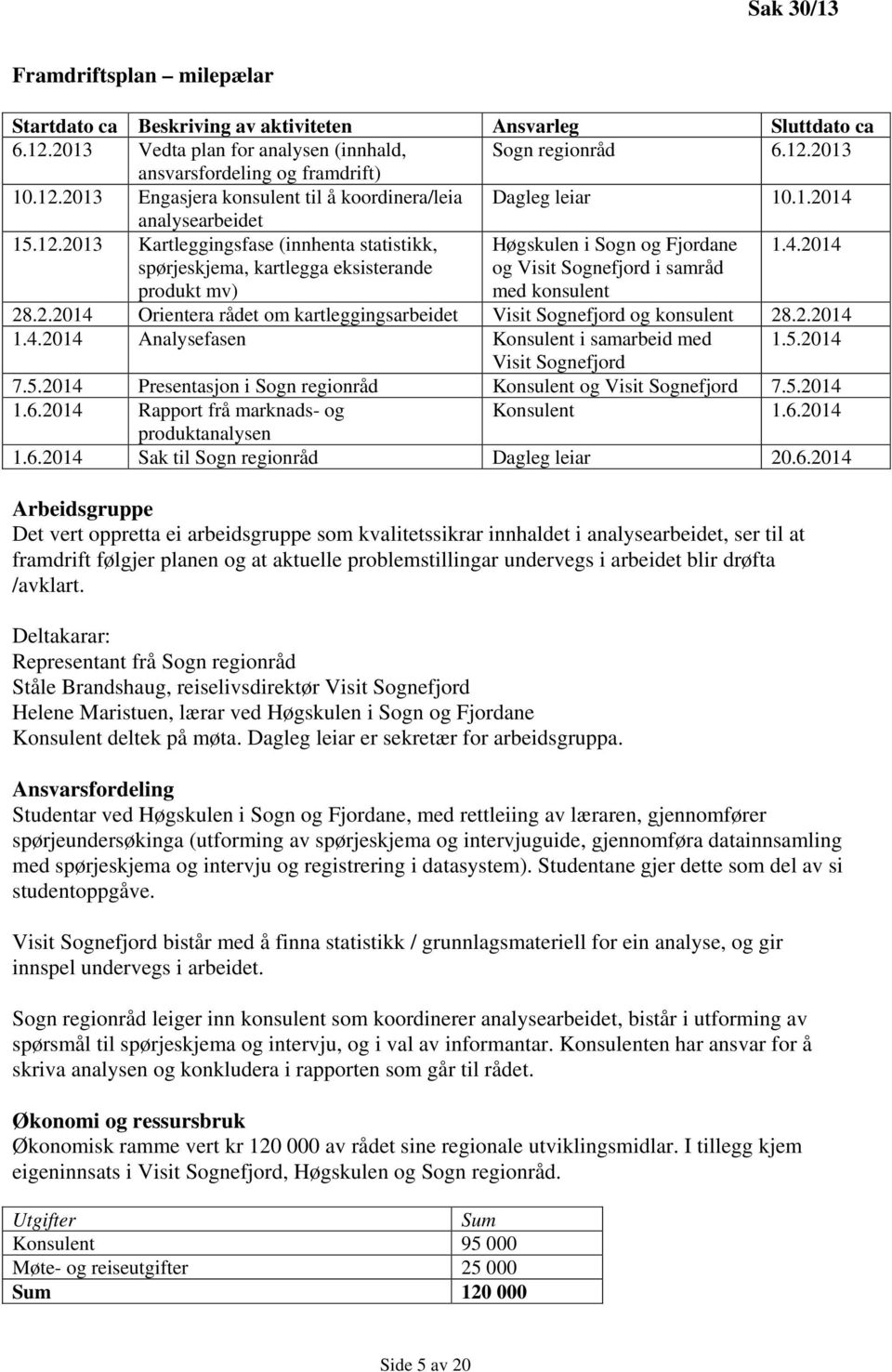 2.2014 Orientera rådet om kartleggingsarbeidet Visit Sognefjord og konsulent 28.2.2014 1.4.2014 Analysefasen Konsulent i samarbeid med 1.5.