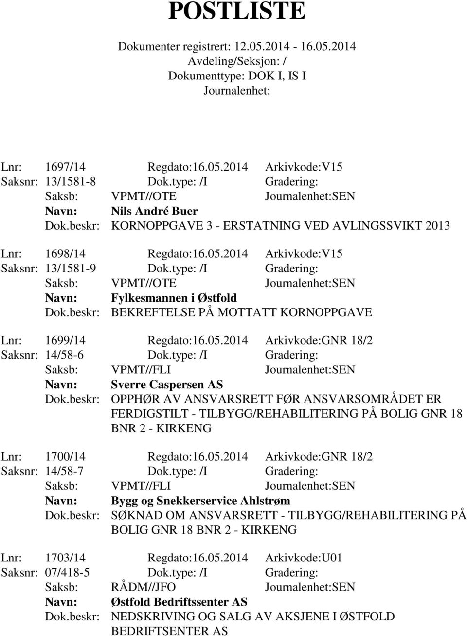 beskr: BEKREFTELSE PÅ MOTTATT KORNOPPGAVE Lnr: 1699/14 Regdato:16.05.2014 Arkivkode:GNR 18/2 Saksnr: 14/58-6 Dok.type: /I Gradering: Saksb: VPMT//FLI SEN Navn: Sverre Caspersen AS Dok.