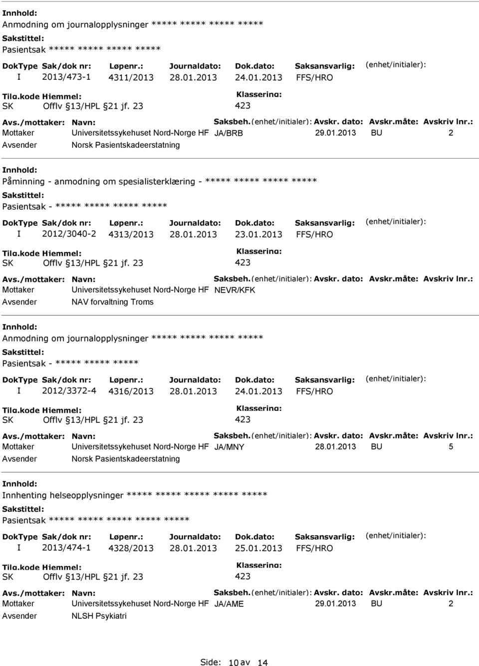 01.2013 Mottaker niversitetssykehuset Nord-Norge HF NEVR/KFK NAV forvaltning Troms Anmodning om journalopplysninger ***** ***** ***** ***** Pasientsak - ***** ***** ***** 2012/3372-4