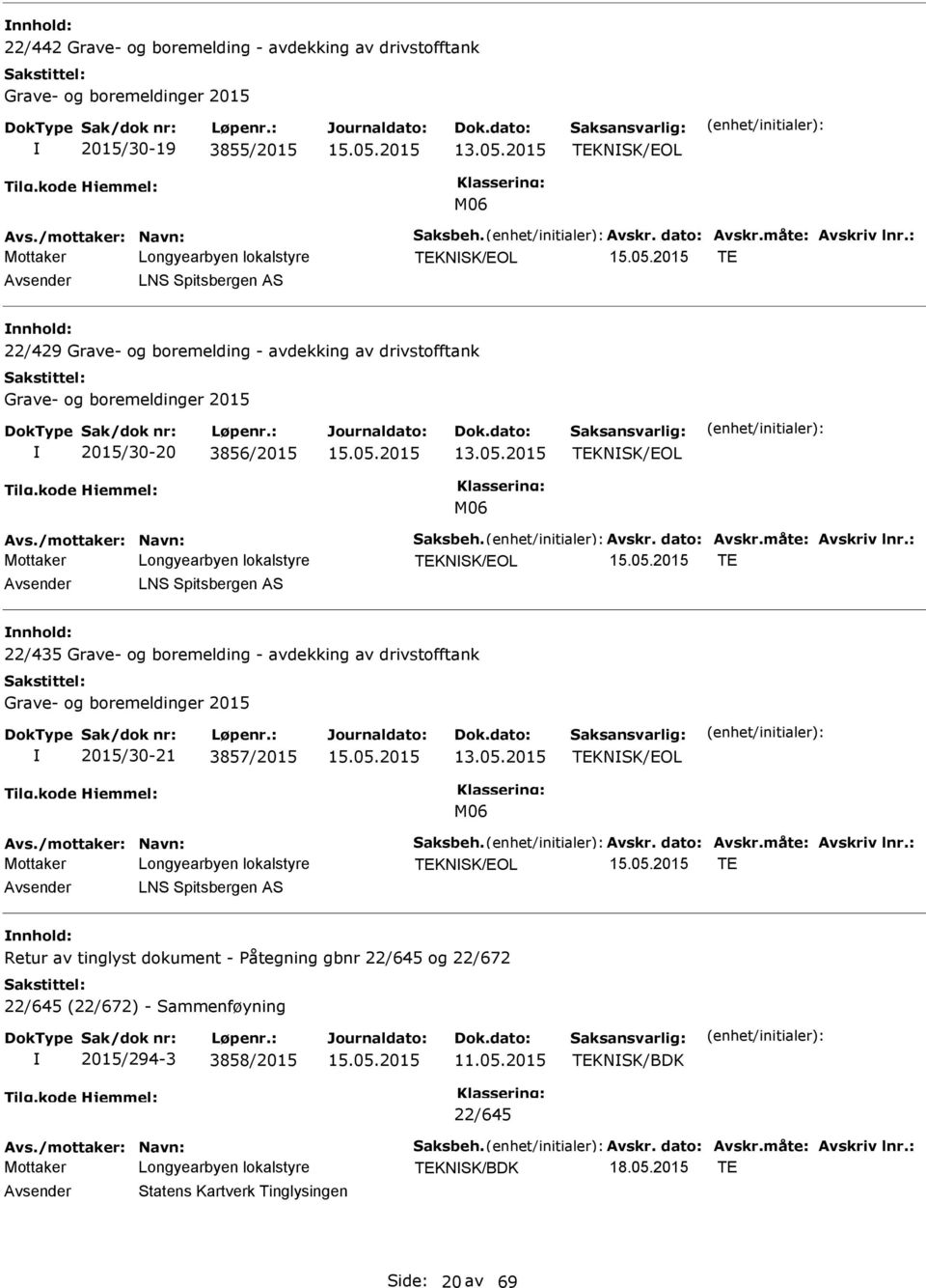 boremelding - avdekking av drivstofftank Grave- og boremeldinger 2015 2015/30-21 3857/2015 TEKNSK/EOL M06 Mottaker TEKNSK/EOL TE LNS Spitsbergen S Retur av tinglyst dokument -